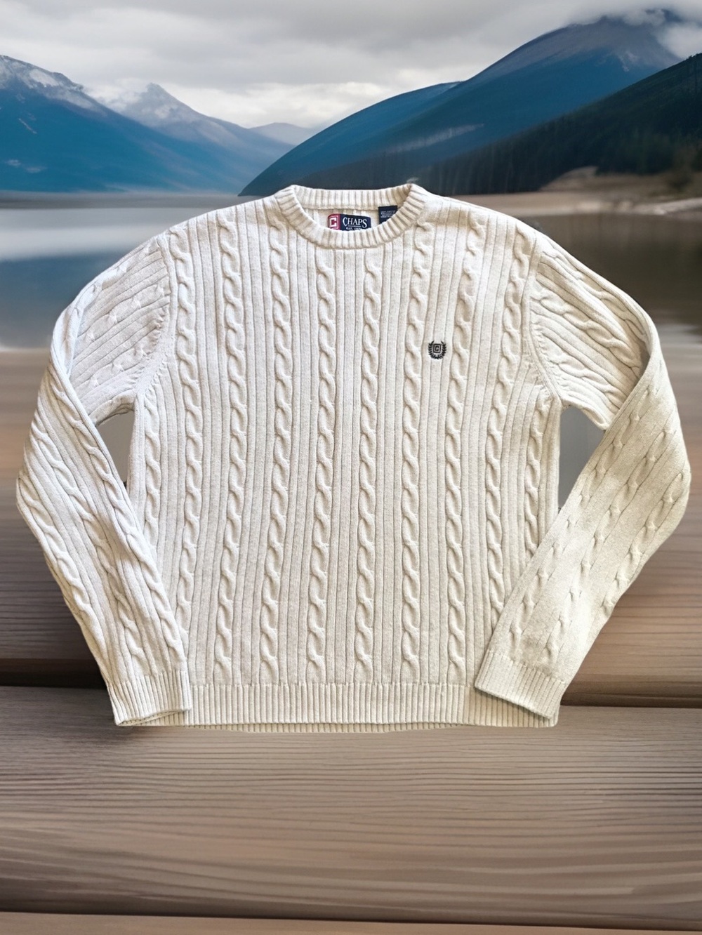 Vintage Ivory Chaps Cable Knit Sweater Mens XL Fits L Y2K Preppy 100% Cotton EUC